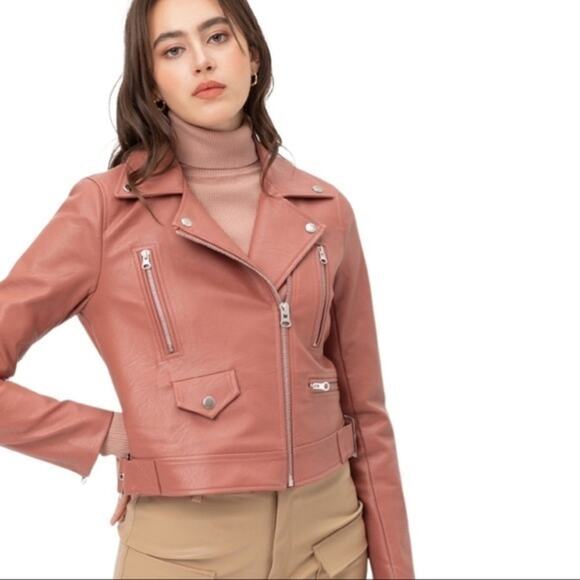 NWT Montrez Moto Jacket Womens M Pink Faux Leather Belted Zipper Edgy Bikercore - Picture 3 of 8